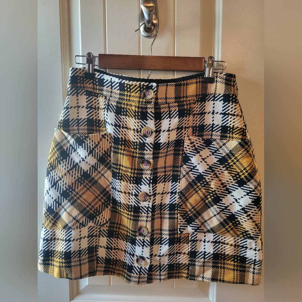MAEVE Anthropologie Plaid Button Skirt Black Golden Yellow 6 - Picture 2 of 13